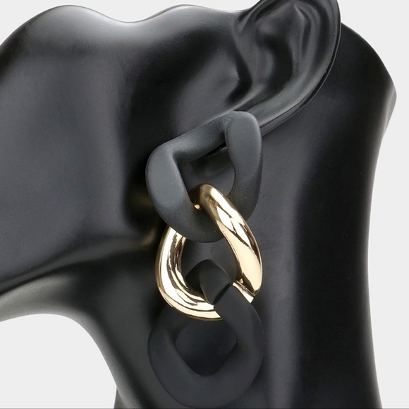 Black Chain Link Dangle Earrings 3.25 Inch Cute Drop Gold Fashion Jewelry - Picture 3 of 3